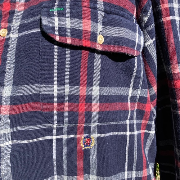 Soft Worn In Hilfiger Blue Plaid Flannel Shirt Grunge Unisex Work Shirt L - Picture 13 of 15